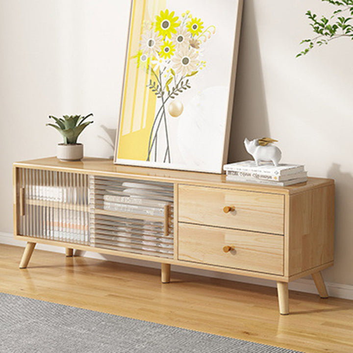 Moderner minimalistischer rechteckiger TV-Ständer aus Gummibaumholz, umweltfreundlichem Holzwerkstoff, Sperrholz und Glas mit 2 Schubladen für das Wohnzimmer 