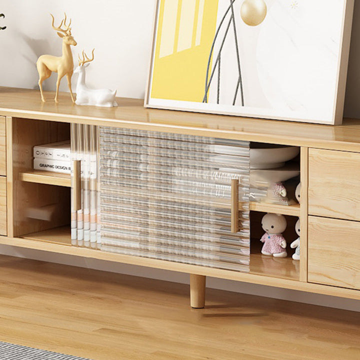 Moderner minimalistischer rechteckiger TV-Ständer aus Gummibaumholz, umweltfreundlichem Holzwerkstoff, Sperrholz und Glas mit 2 Schubladen für das Wohnzimmer 