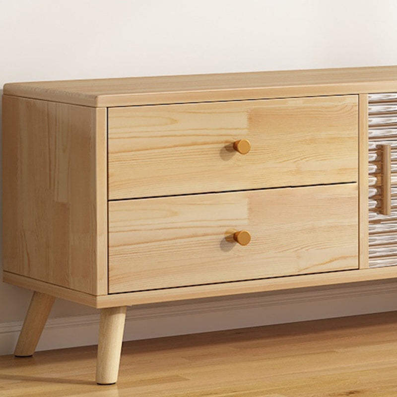 Moderner minimalistischer rechteckiger TV-Ständer aus Gummibaumholz, umweltfreundlichem Holzwerkstoff, Sperrholz und Glas mit 2 Schubladen für das Wohnzimmer 
