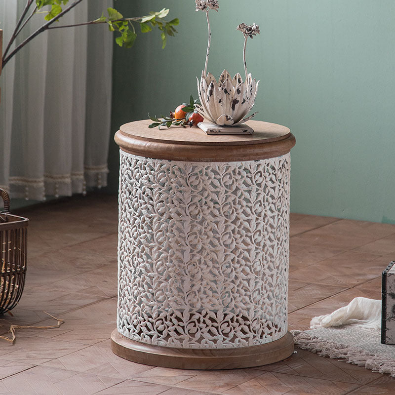 Traditional French Pattern Mesh Cylinder Pine Iron Side Table 1 - Tier For Living Room