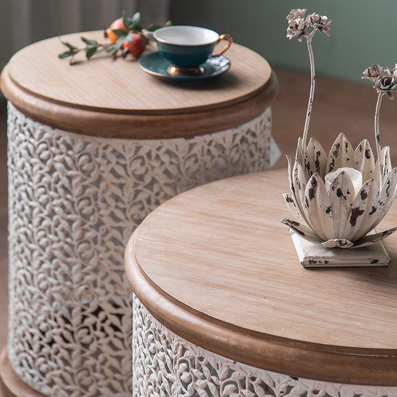 Traditional French Pattern Mesh Cylinder Pine Iron Side Table 1 - Tier For Living Room
