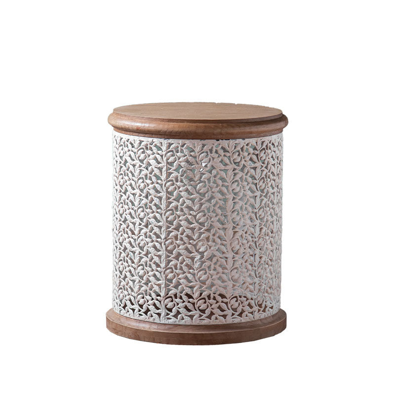 Traditional French Pattern Mesh Cylinder Pine Iron Side Table 1 - Tier For Living Room