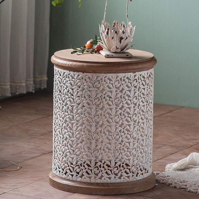 Traditional French Pattern Mesh Cylinder Pine Iron Side Table 1 - Tier For Living Room