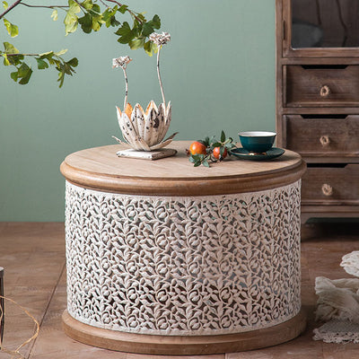 Traditional French Pattern Mesh Cylinder Pine Iron Side Table 1 - Tier For Living Room