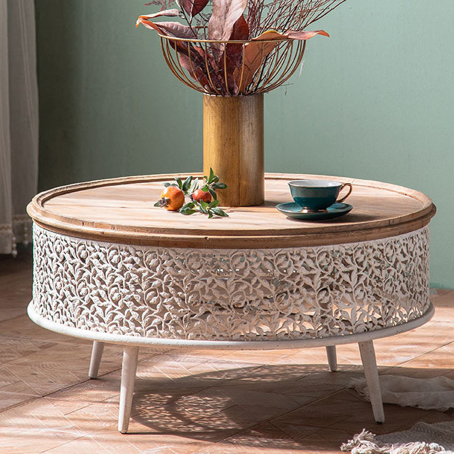Traditional French Pattern Mesh Cylinder Pine Iron Side Table 1 - Tier For Living Room
