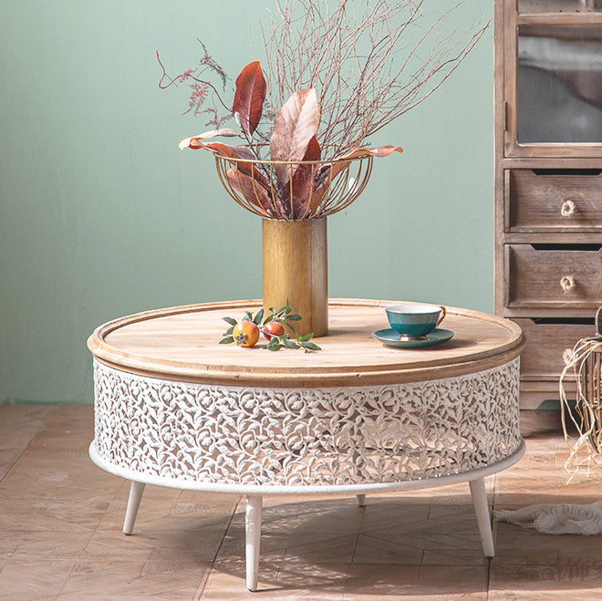 Traditional French Pattern Mesh Cylinder Pine Iron Side Table 1 - Tier For Living Room