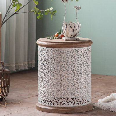 Traditional French Pattern Mesh Cylinder Pine Iron Side Table 1 - Tier For Living Room