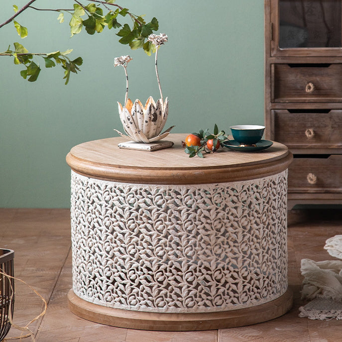 Traditional French Pattern Mesh Cylinder Pine Iron Side Table 1 - Tier For Living Room