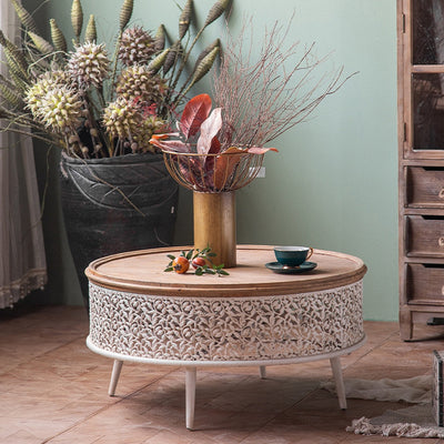 Traditional French Pattern Mesh Cylinder Pine Iron Side Table 1 - Tier For Living Room