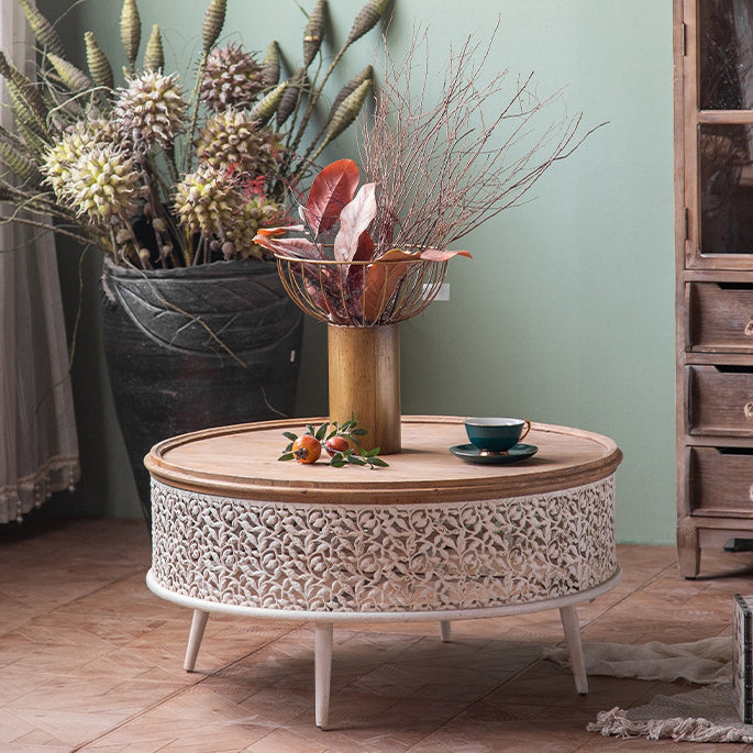 Traditional French Pattern Mesh Cylinder Pine Iron Side Table 1 - Tier For Living Room