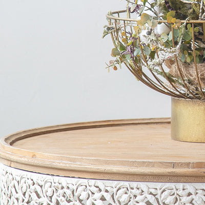Traditional French Pattern Mesh Cylinder Pine Iron Side Table 1 - Tier For Living Room