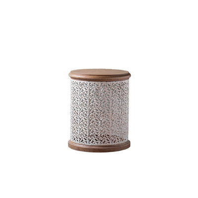 Traditional French Pattern Mesh Cylinder Pine Iron Side Table 1 - Tier For Living Room