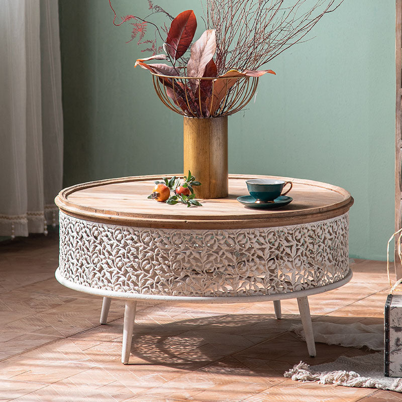 Traditional French Pattern Mesh Cylinder Pine Iron Side Table 1 - Tier For Living Room