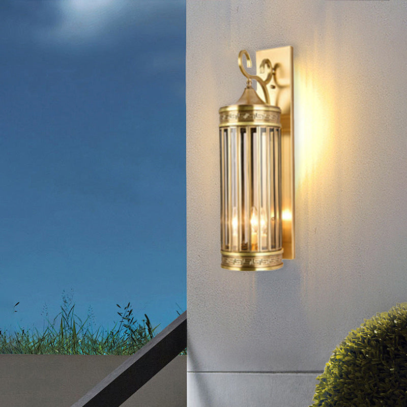 Contemporary Luxury Brass Frame Cylinder Water Pattern Glass Shade 3-Light Outdoor Wall Sconce Lamp For Garden