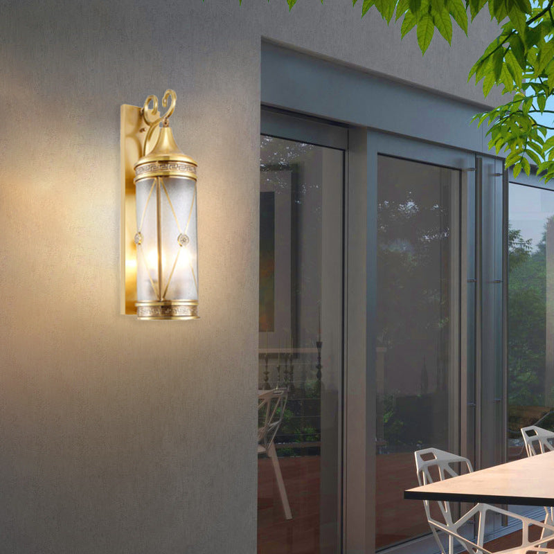 Contemporary Luxury Brass Frame Cylinder Water Pattern Glass Shade 3-Light Outdoor Wall Sconce Lamp For Garden