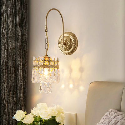 Traditional French Crown-Shaped Cylindrical Iron Crystal 1-Light Wall Scone Lamp For Bedroom