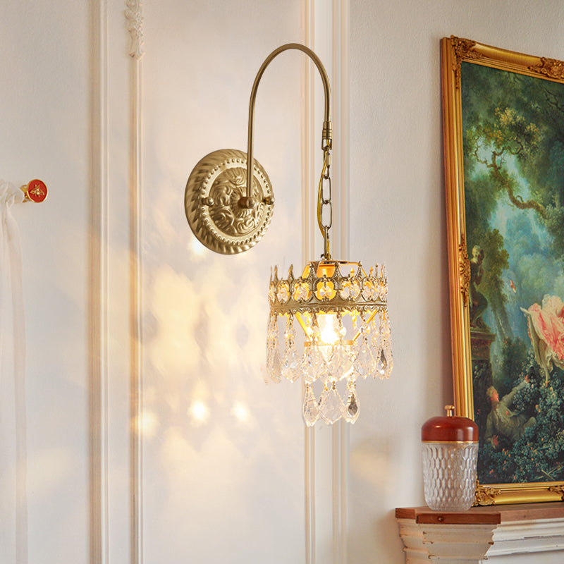 Traditional French Crown-Shaped Cylindrical Iron Crystal 1-Light Wall Scone Lamp For Bedroom