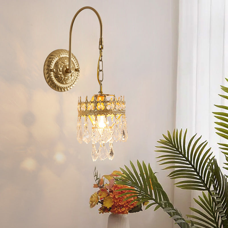 Traditional French Crown-Shaped Cylindrical Iron Crystal 1-Light Wall Scone Lamp For Bedroom