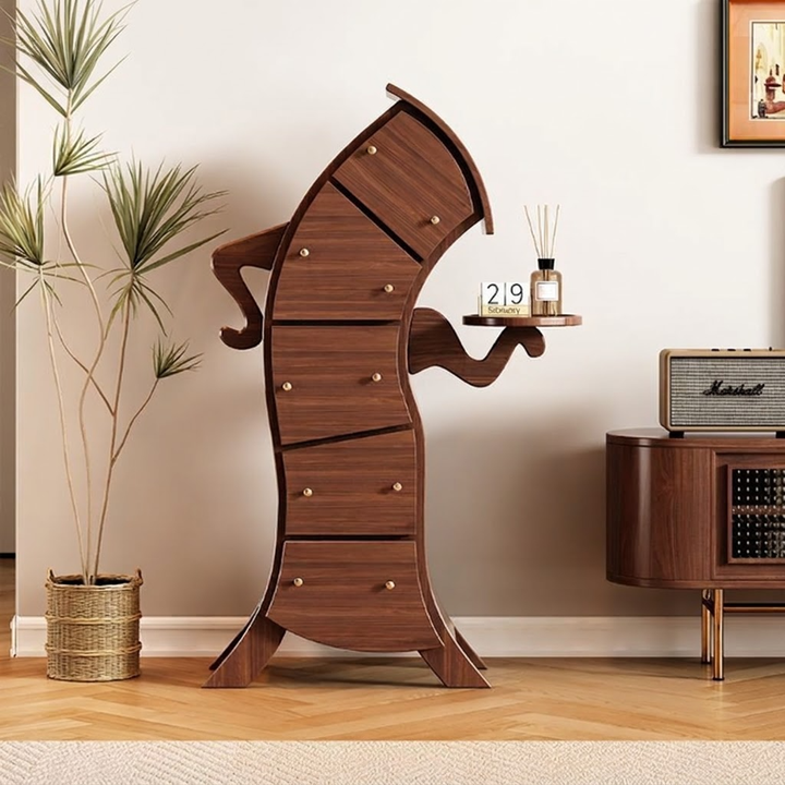 Contemporary Creative Curved Rubberwood End Table 5-Drawer For Living Room