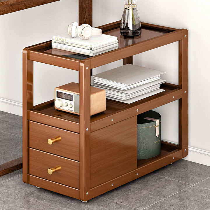 Modern Minimalist Removable Rectangular Glass Nan Bamboo Density Board End Table 3-Tier 2-Drawer For Living Room