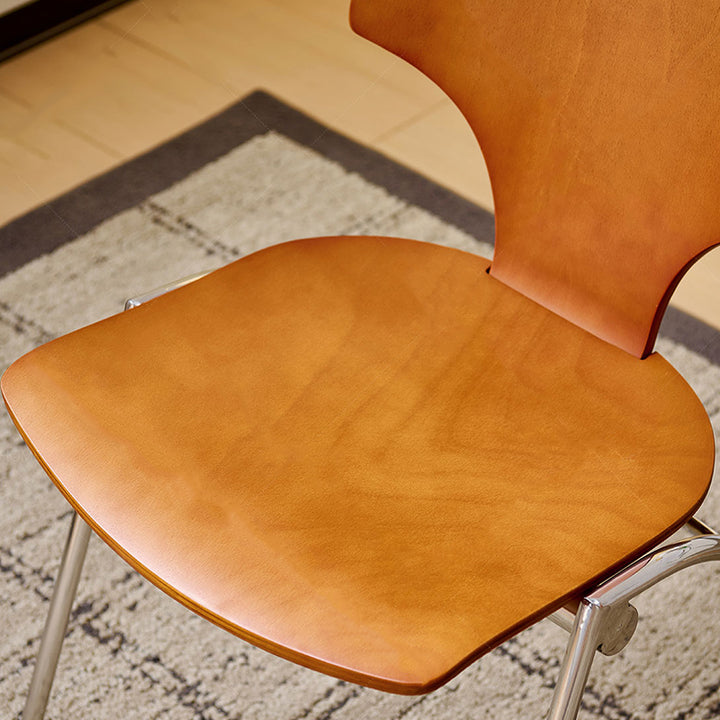 Traditioneller Vintage-Esszimmerstuhl in Ginkgoblatt-Form aus Sperrholz, Edelstahl und Kunstleder, mit Rückenlehne und ohne Armlehnen, für das Esszimmer 