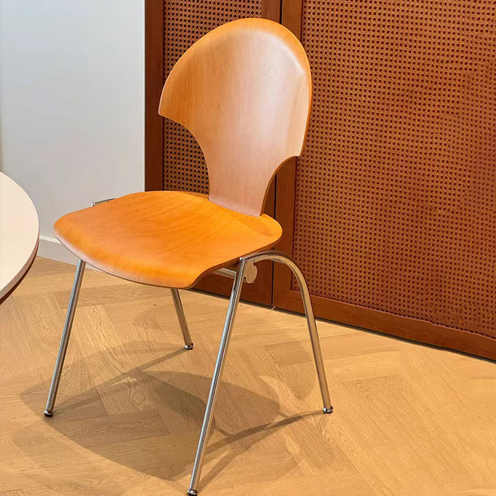 Traditional Vintage Ginkgo Leaves Shape Plywood Stainless Steel Faux Leather Dining Chair Backrest Armless For Dining Room