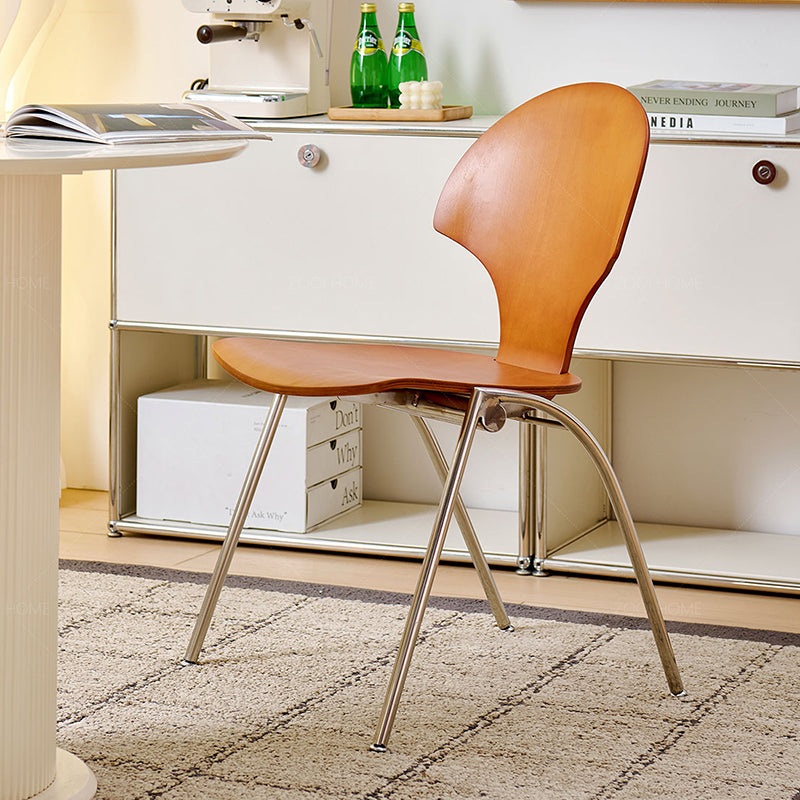 Traditioneller Vintage-Esszimmerstuhl in Ginkgoblatt-Form aus Sperrholz, Edelstahl und Kunstleder, mit Rückenlehne und ohne Armlehnen, für das Esszimmer 
