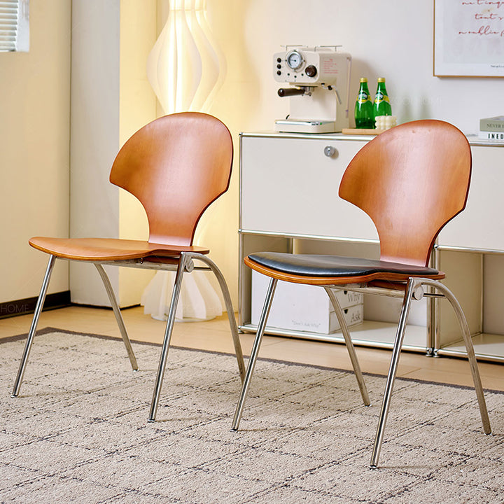 Traditional Vintage Ginkgo Leaves Shape Plywood Stainless Steel Faux Leather Dining Chair Backrest Armless For Dining Room