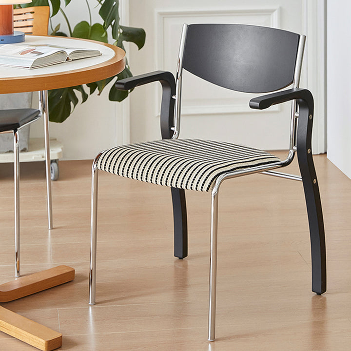 Silla de comedor contemporánea retro rectangular de contrachapado, hierro y tela con respaldo y reposabrazos para comedor 
