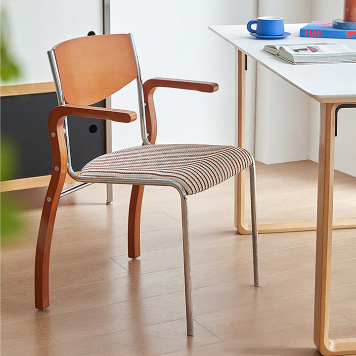 Silla de comedor contemporánea retro rectangular de contrachapado, hierro y tela con respaldo y reposabrazos para comedor 