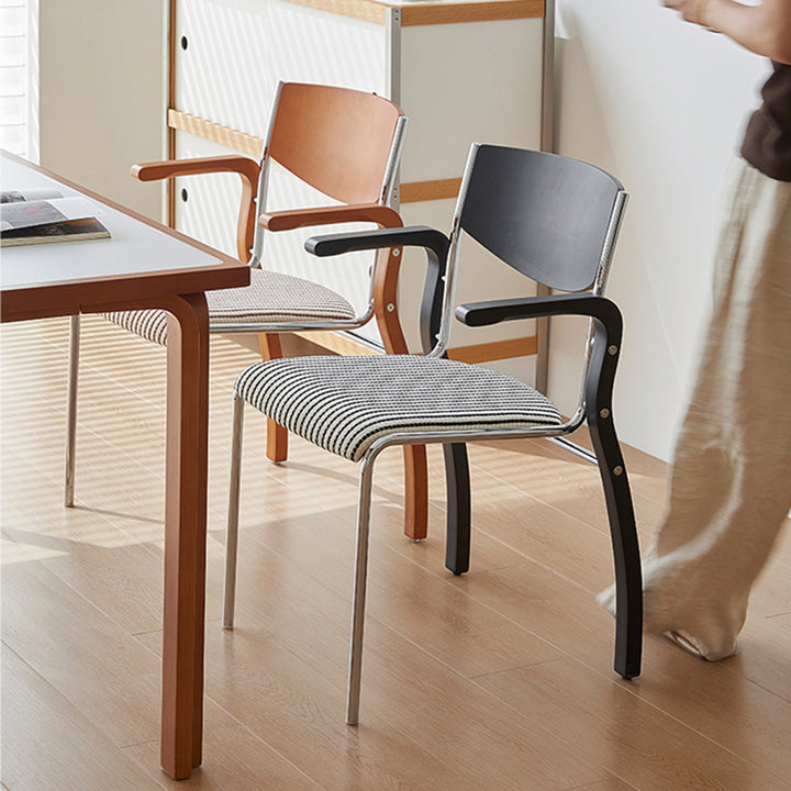 Silla de comedor contemporánea retro rectangular de contrachapado, hierro y tela con respaldo y reposabrazos para comedor 