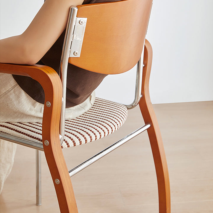 Silla de comedor contemporánea retro rectangular de contrachapado, hierro y tela con respaldo y reposabrazos para comedor 