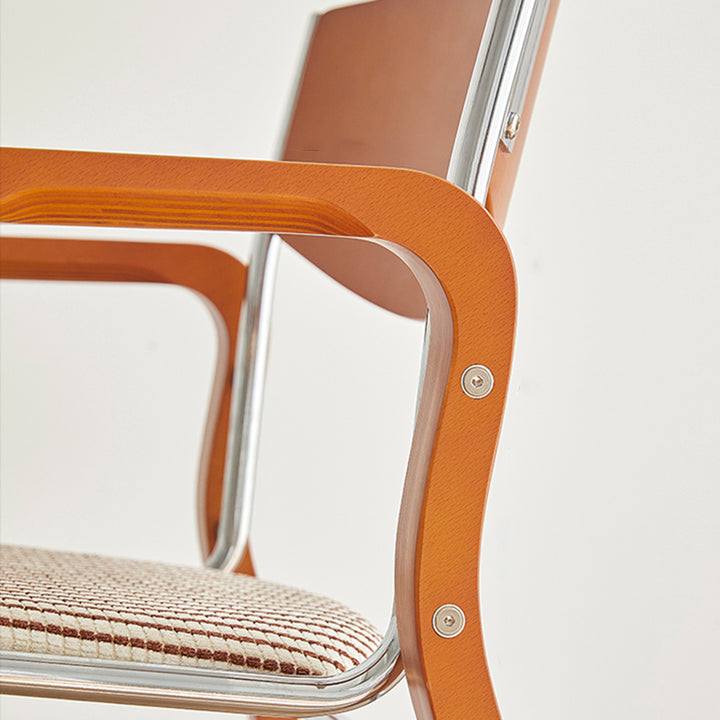 Silla de comedor contemporánea retro rectangular de contrachapado, hierro y tela con respaldo y reposabrazos para comedor 