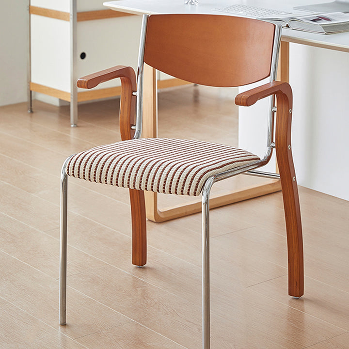 Silla de comedor contemporánea retro rectangular de contrachapado, hierro y tela con respaldo y reposabrazos para comedor 