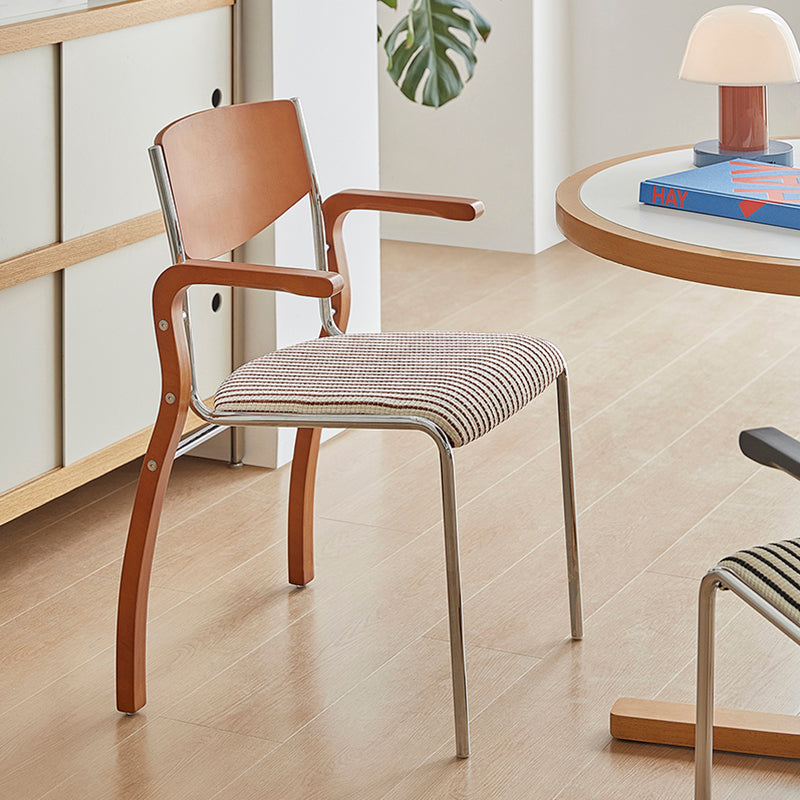Silla de comedor contemporánea retro rectangular de contrachapado, hierro y tela con respaldo y reposabrazos para comedor 