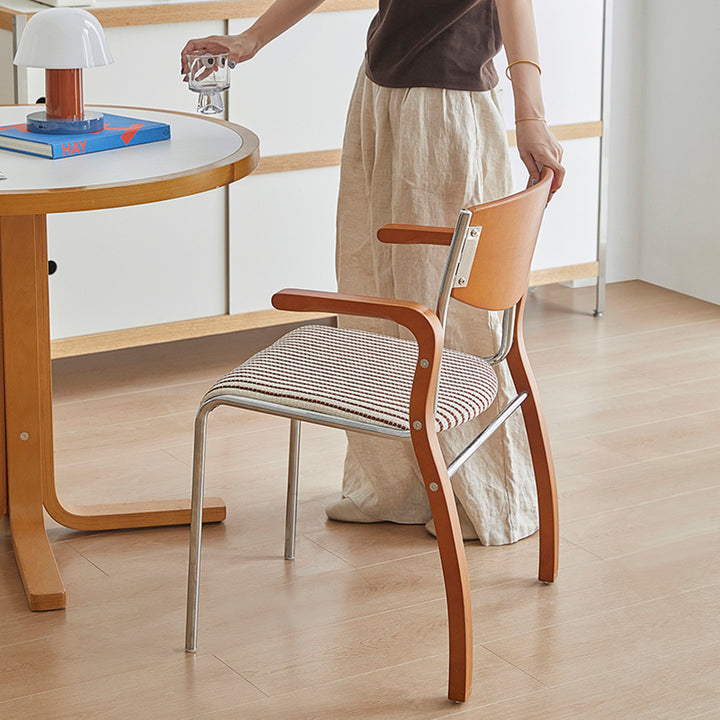 Silla de comedor contemporánea retro rectangular de contrachapado, hierro y tela con respaldo y reposabrazos para comedor 