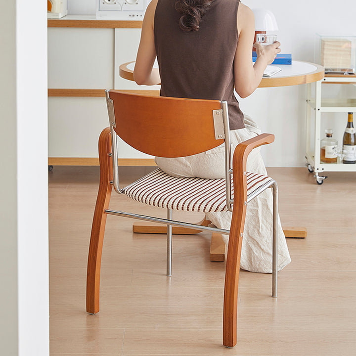 Silla de comedor contemporánea retro rectangular de contrachapado, hierro y tela con respaldo y reposabrazos para comedor 