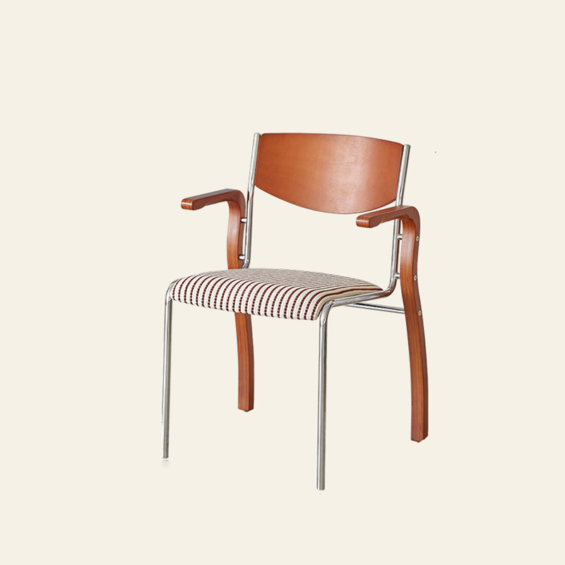 Silla de comedor contemporánea retro rectangular de contrachapado, hierro y tela con respaldo y reposabrazos para comedor 