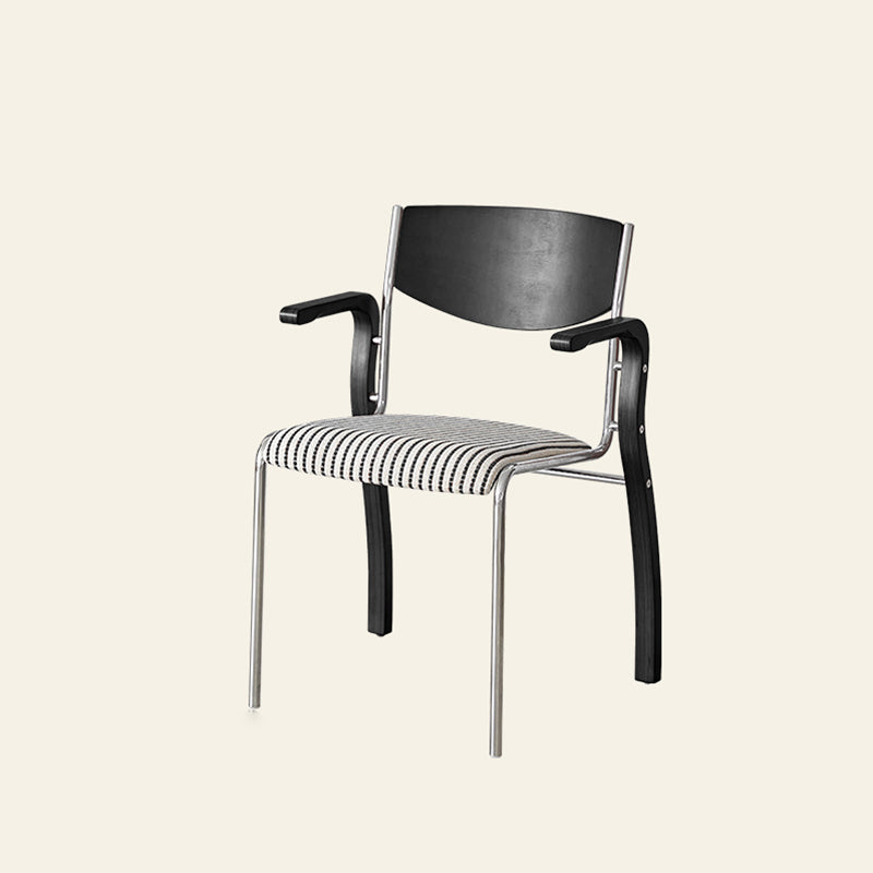 Silla de comedor contemporánea retro rectangular de contrachapado, hierro y tela con respaldo y reposabrazos para comedor 