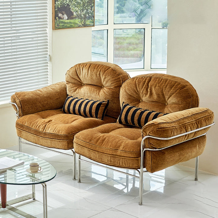 Canapé 1/2/3 places en bois massif multicouche, acier inoxydable, chenille, coton nuage et duvet de plume, style vintage traditionnel arc-en-ciel, pour salon 