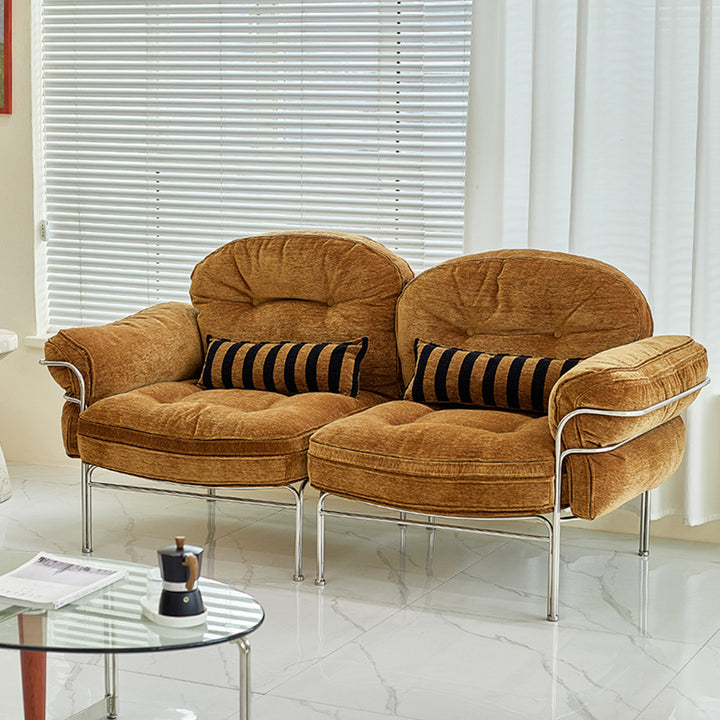 Canapé 1/2/3 places en bois massif multicouche, acier inoxydable, chenille, coton nuage et duvet de plume, style vintage traditionnel arc-en-ciel, pour salon 