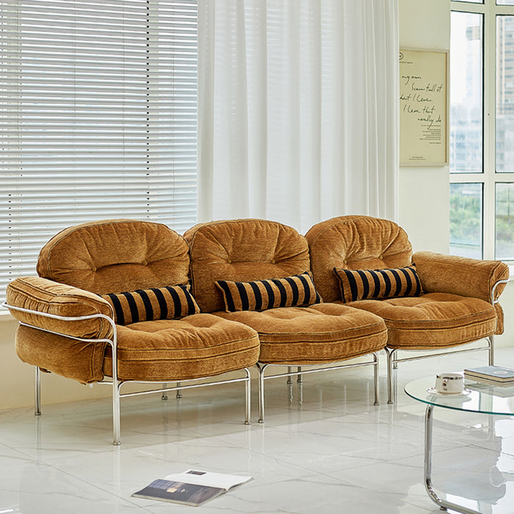 Canapé 1/2/3 places en bois massif multicouche, acier inoxydable, chenille, coton nuage et duvet de plume, style vintage traditionnel arc-en-ciel, pour salon 