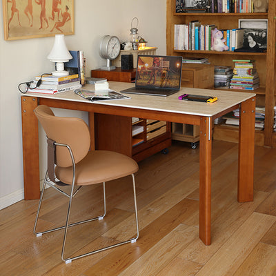Modern Minimalist Rectangular Travertine Stone Rock Slab & Solid Bench Wood Iron Dining Table For 4-6 Seats