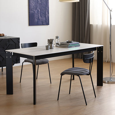 Modern Minimalist Rectangular Travertine Stone Rock Slab & Solid Bench Wood Iron Dining Table For 4-6 Seats