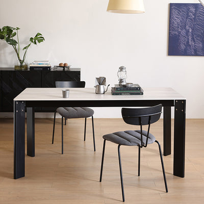Modern Minimalist Rectangular Travertine Stone Rock Slab & Solid Bench Wood Iron Dining Table For 4-6 Seats