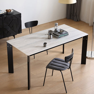 Modern Minimalist Rectangular Travertine Stone Rock Slab & Solid Bench Wood Iron Dining Table For 4-6 Seats