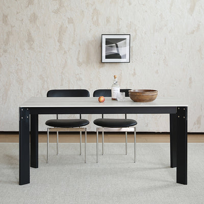 Modern Minimalist Rectangular Travertine Stone Rock Slab & Solid Bench Wood Iron Dining Table For 4-6 Seats