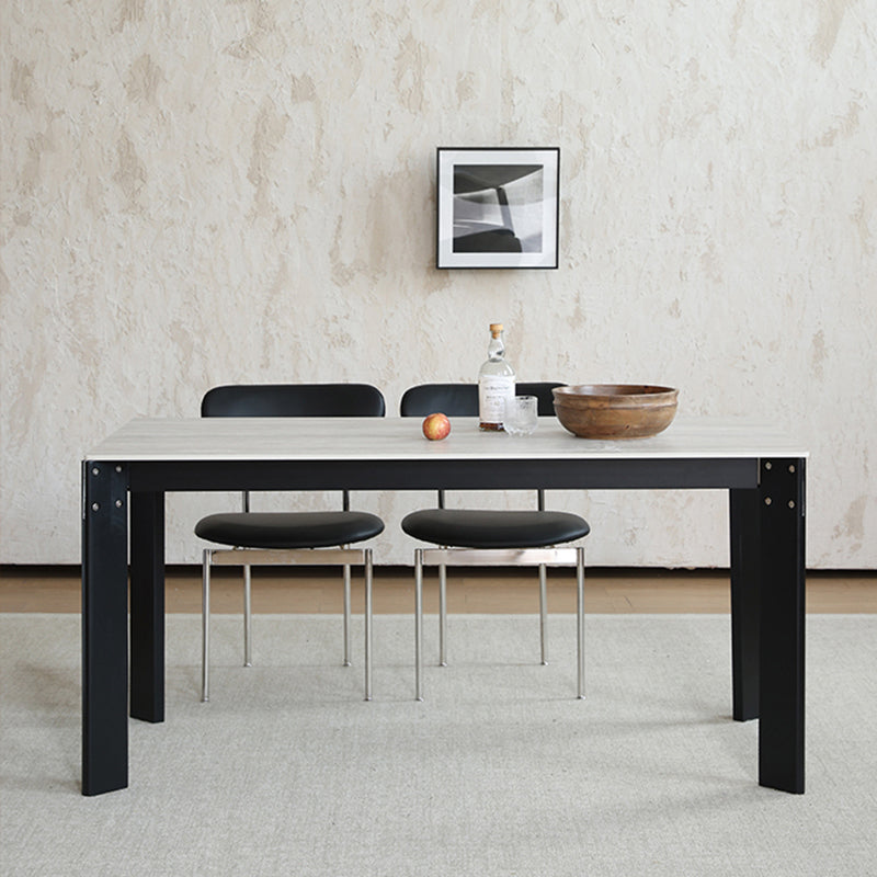 Modern Minimalist Rectangular Travertine Stone Rock Slab & Solid Bench Wood Iron Dining Table For 4-6 Seats