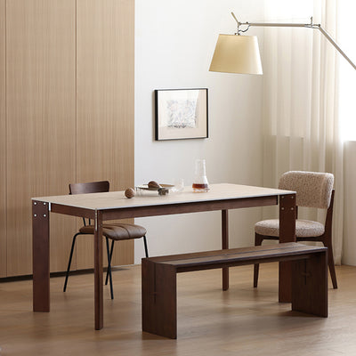 Modern Minimalist Rectangular Travertine Stone Rock Slab & Solid Bench Wood Iron Dining Table For 4-6 Seats