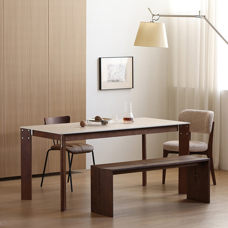 Modern Minimalist Rectangular Travertine Stone Rock Slab & Solid Bench Wood Iron Dining Table For 4-6 Seats